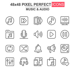 Music and audio thin line icon set. Player, mixer, equalizer, headphone, loudspeaker, record, microphone unique icons. Outline vector bundle for UI UX design. 48x48 pixel perfect linear pictogram pack