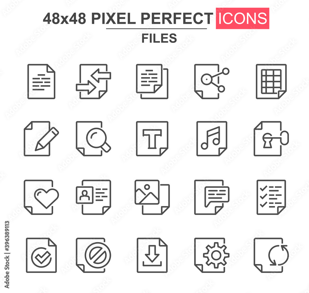 Aufkleber files thin line icon set. document lock, edit, delete, processing, search, preferences, media conten