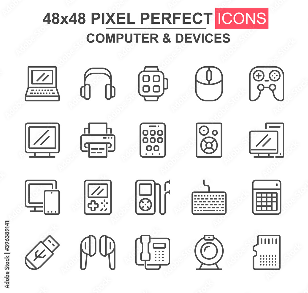 Aufkleber Computer and devices thin line icon set. Laptop, gamepad, printer, smart watch, mp3 player, USB drive unique icons. Outline vector bundle for UI UX design. 48x48 pixel perfect linear pictogram pack