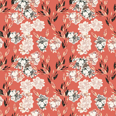 Colorful  leaves with hibiscus flowers, seamless pattern.