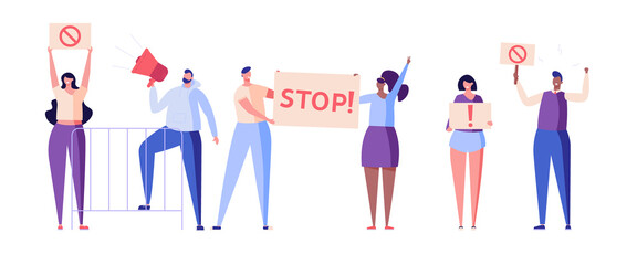 People at the demonstration with placard, shout, stop signal. Concept of protest, stopping, rejection, rally, action, political revolution, manifesting, activists. Vector illustration in flat design