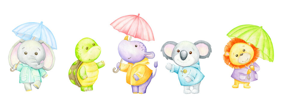 Turtle, hippopotamus, Kuala, lion, elephant, holding umbrellas. Watercolor set of tropical animals in cartoon style, on an isolated background.
