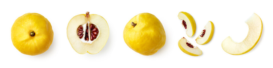 Set of fresh whole and sliced quinces