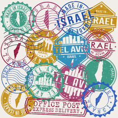 Tel Aviv Israel Set of Stamps. Travel Stamp. Made In Product. Design Seals Old Style Insignia.