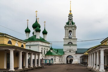 Russia, Kostroma, July 2020. The courtyard of the city market overlooking the Orthodox church.