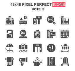 Hotels glyph icon set. Receptionist, towel, restaurant, shower, luggage, key, room service, pool, elevator unique icons. Flat vector bundle for UI UX design. 48x48 pixel perfect GUI pictograms pack.