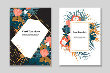 Set of 2 elegant boho greting card templates, tender pastel colorls, white background. Golden geometrical frame.