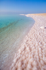 Dead Sea. Salt on the shore. Jordan landscape