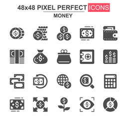 Money glyph icon set. Dollar, wallet, bank safe, calculator, capital, payment, exchange, trading, investment unique icons. Flat vector bundle for UI UX design. 48x48 pixel perfect GUI pictograms pack.