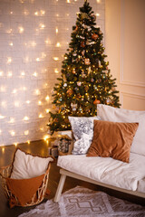 New Year's holiday or celebration, the mood, Stylish Christmas minimalistic interior, Presents and wrapped gifts under the Christmas tree. large white living room with a vintage sofa