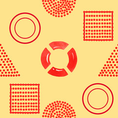 Seamless pattern illustration with red lifebuoy, square,triangle and circle isolated on orange background - 396392304