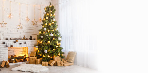 Fototapeta na wymiar Stylish interior of living room with decorated Christmas tree