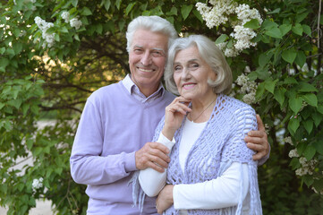 Beautiful senior couple by lilacs in the park