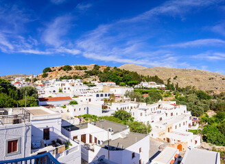Fototapeta na wymiar Sightseeing of Greece. Lindos village is a traditional village with colorful white buildings, Rhodes island, Dodecanese, Greece
