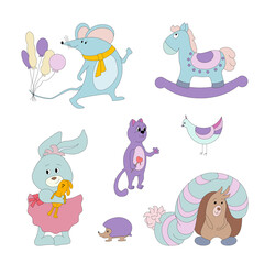 Animals cute set, horse, rabbit, hedgehog, mouse