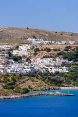 Sightseeing of Greece. Lindos village is a traditional village with colorful white buildings, Rhodes island, Dodecanese, Greece