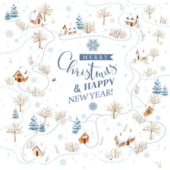 Vector snowy winter landscape for Christmas cards and posters - 396392995