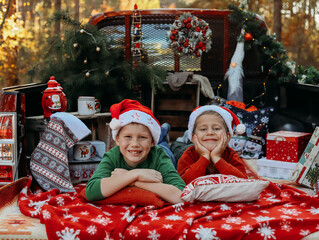 Two laughing baby boy brothes in red santa claus hats lie in the back of a pickup truck with Christmas decorations. Christmas and New Year's concept. © Юлия Мачулан