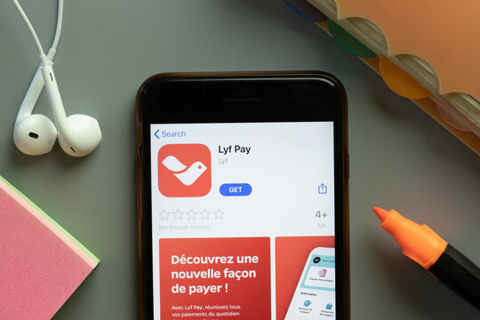 New York, USA - 1 December 2020: Lyf Pay mobile app icon on phone screen top view, Illustrative Editorial