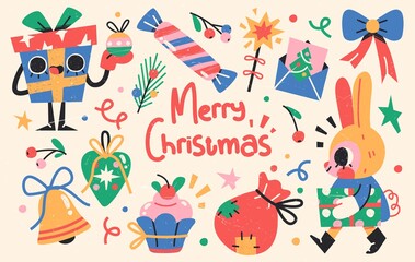 Set of Cute Merry Christmas and Happy New Year Illustrations or stickers. Festive christmas characters and objects. Vector