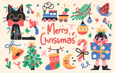 Set of Cute Merry Christmas and Happy New Year Illustrations or stickers. Festive christmas characters and objects. Vector