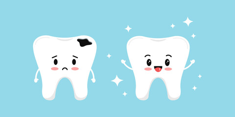 Cute white tooth and sad tooth with decay before after icon set. Teeth dental caries treatment concept. Flat cartoon dentistry character vector illustration. Kids dental hygiene and caries prevention.