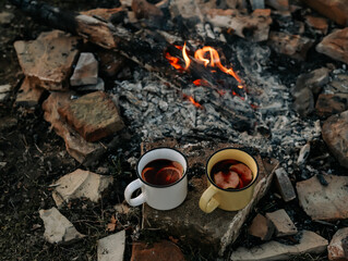 Two metal mugs with mulled wine stand near the fire. Autumn picnic.