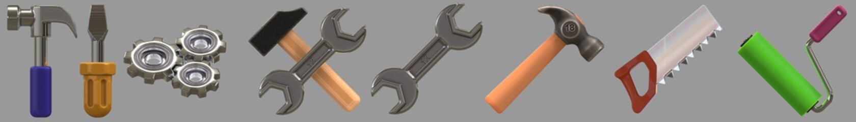 Tool icon set.(Hammer, wrench, screwdriver, saw, gears, paint roller) . 3d rendering