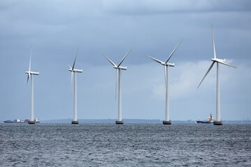 Offshore wind turbines at the sea in Copenhagen, Denmark