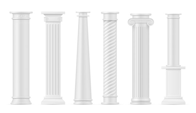 Antique columns white realistic set. Pillars. Monuments, capitals, pedestals, stands.
