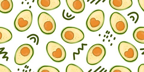 Summer Abstract Geometric Seamless Pattern with Avocado and Hand Drawn Memphis Style Elements Healthy Food Background Print for textile print, wallpaper, wrapping paper. 