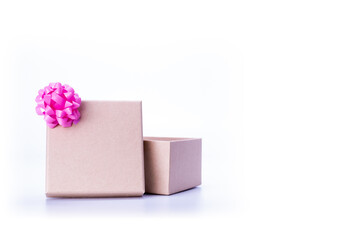 Open gift box with bow on white background