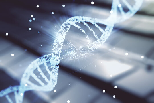 DNA hologram on shiny metal background, biotechnology and genetic concept. Multiexposure
