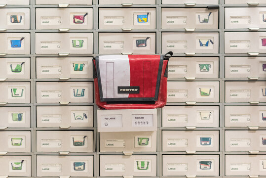 Freitag messenger bag made of recycled used truck tarpaulin and seatbelts on December 9, 2018 in Bangkok, Thailand.