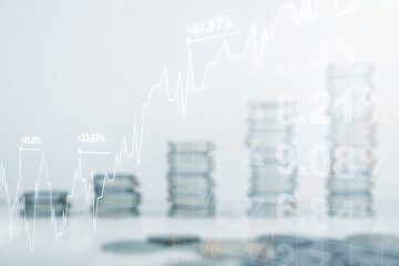 Double exposure of virtual creative financial diagram on growing coins stacks background, banking and accounting concept