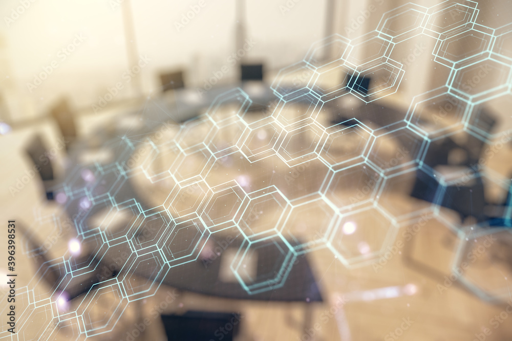 Poster abstract virtual wireless technology hologram with hexagon on a modern coworking room background, ar