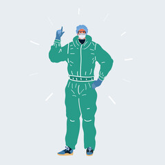 Vector illustration of Doctor wearing protection face mask against coronavirus. Banner panorama medical staff preventive gear on white backround. Warning concept.