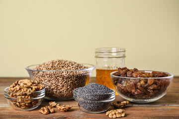 Ingredients for traditional kutia on wooden table