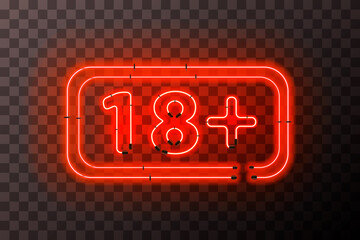 Bright red neon 18+ sign with rectangle frame on transparent