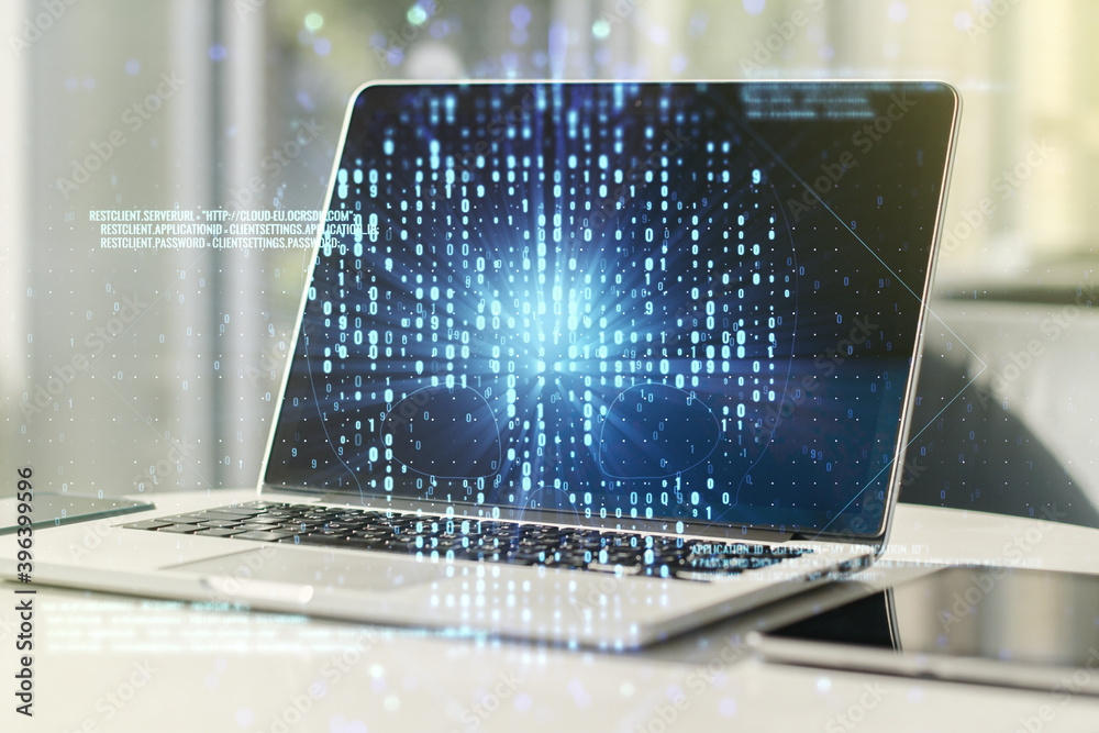 Poster creative concept of code skull illustration on modern laptop background. hacking and phishing concep