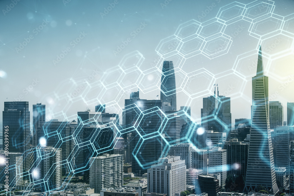 Poster double exposure of abstract virtual technology hologram with hexagon on san francisco city skyscrape