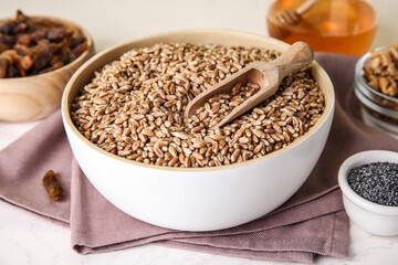 Ingredients for traditional kutia on light table, closeup