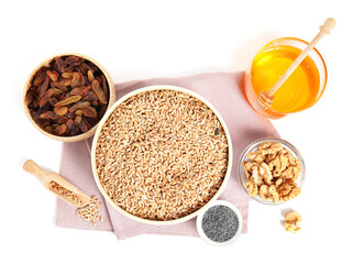 Ingredients for traditional kutia on white background, top view