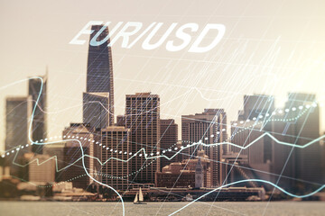 EURO USD forex graph sketch on San Francisco office buildings background, strategy and forecast concept. Multiexposure