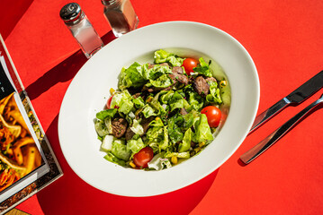 salad with beef on the red background