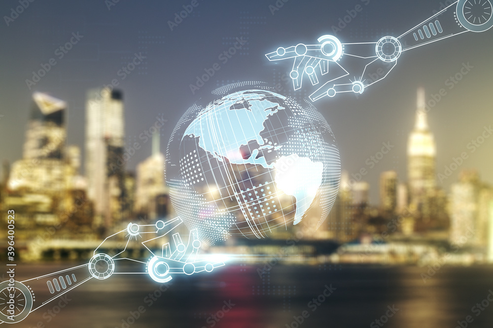 Aufkleber abstract virtual robotics technology sketch with globe on blurry office buildings background, future