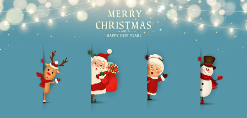 Merry Christmas. Happy new year. Funny Santa Claus with Mrs. Claus, red-nosed Reindeer, snowman in blue background with christmas tree. Mrs. Claus Together. Vector cartoon character of Santa Claus