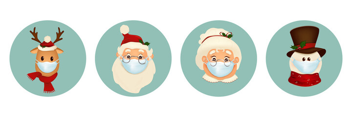 Set of Christmas pandemic stickers. Santa Claus, deer, snowman, Mrs. Claus in medical protective masks isolated. Funny icons of Christmas characters. vector illustration.