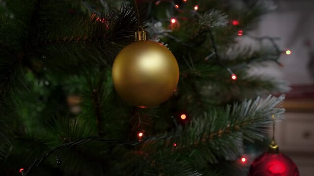 Close-up decorated Christmas tree. Hand decorates green Christmas tree with gold round toy on spruce branch against background of twinkling lights garland. New Year decoration toys on Christmas tree.