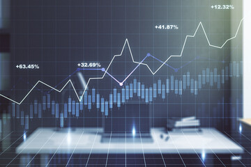 Multi exposure of abstract creative financial graph and modern desktop with computer on background, forex and investment concept